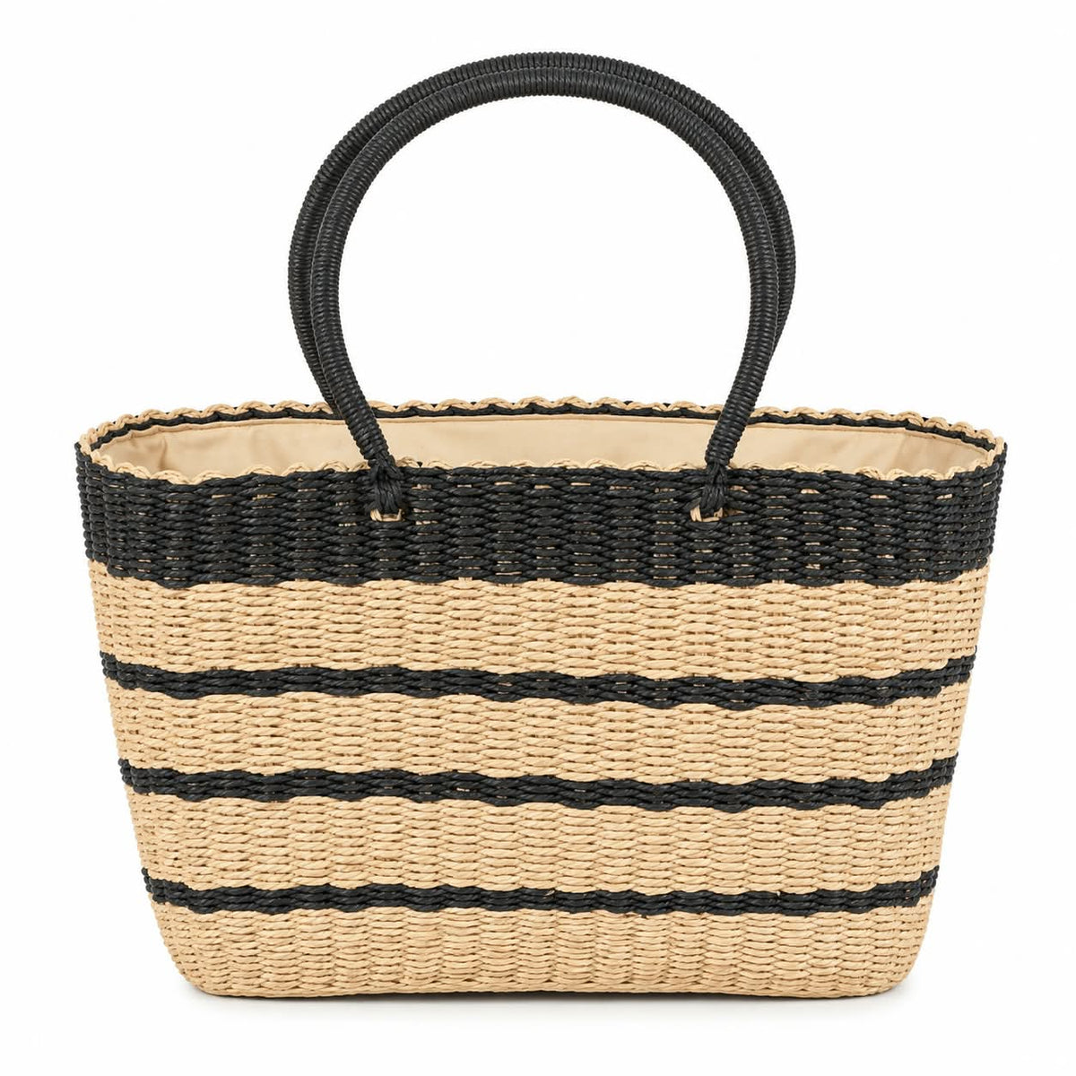 Coastal Stripe Women Straw Tote Bag With Top Handles