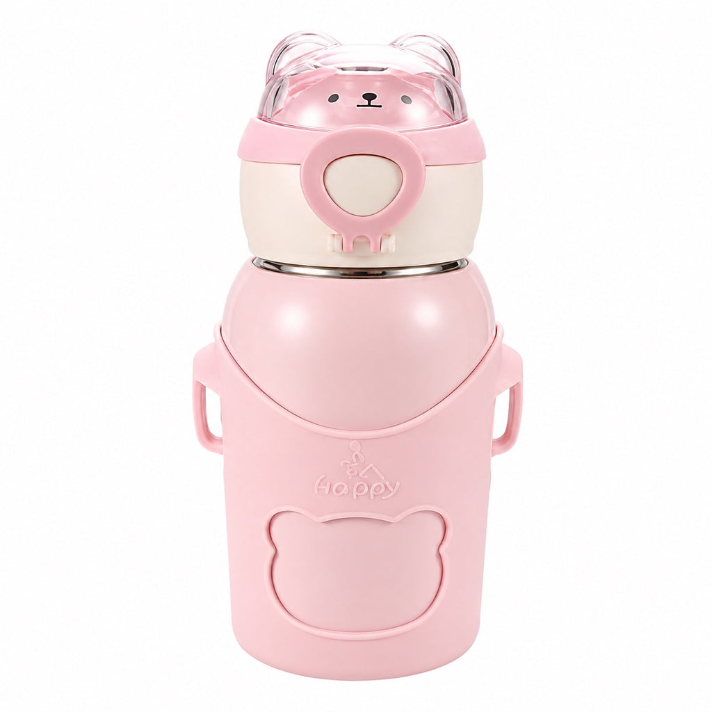 Insulated Kids 500ml Water Bottle -Cute Bear Straw Thermos